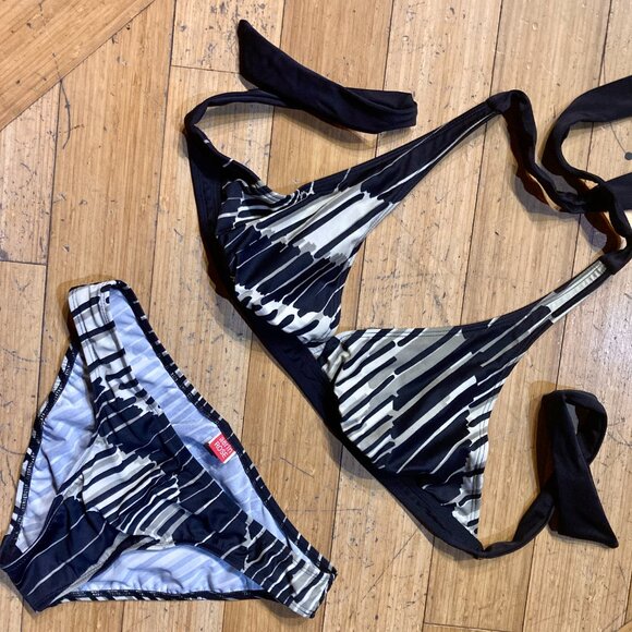 Vtg 90s Y2K 2pc Halter Bikini Set Black Gray White Stripe Abstract Geometric M - Picture 1 of 3